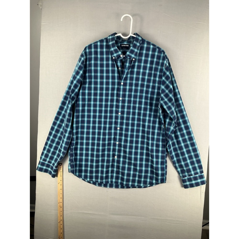 Lands' End L/T Tailored Fit Plaid Button Down Shirt Blue Green 16-16.5
